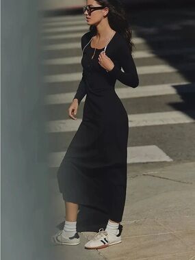 Anthropologie Black Long-Sleeve Maxi Dress